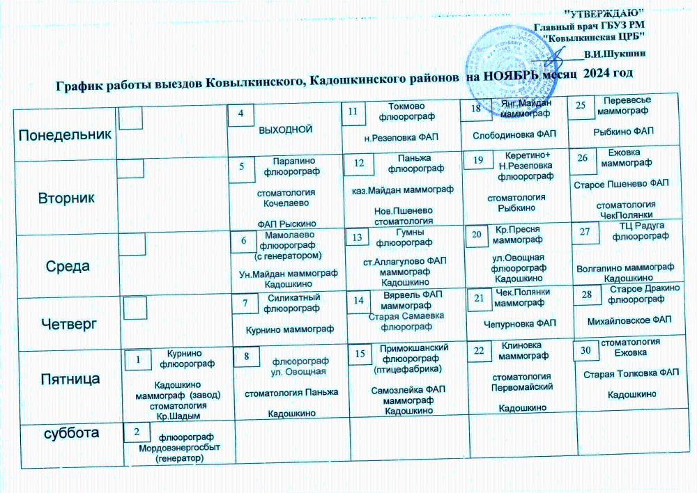 График работы выездов Ковылкинского, Кадошкинского районов на ноябрь 2024 г.